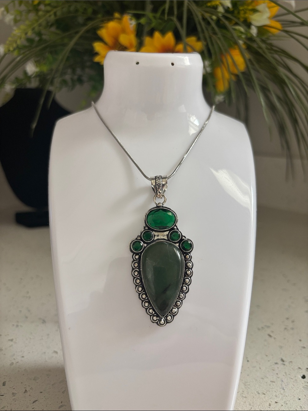 Nephrite Jade & Green Quartz Gemstone Handmade Pendant Necklace